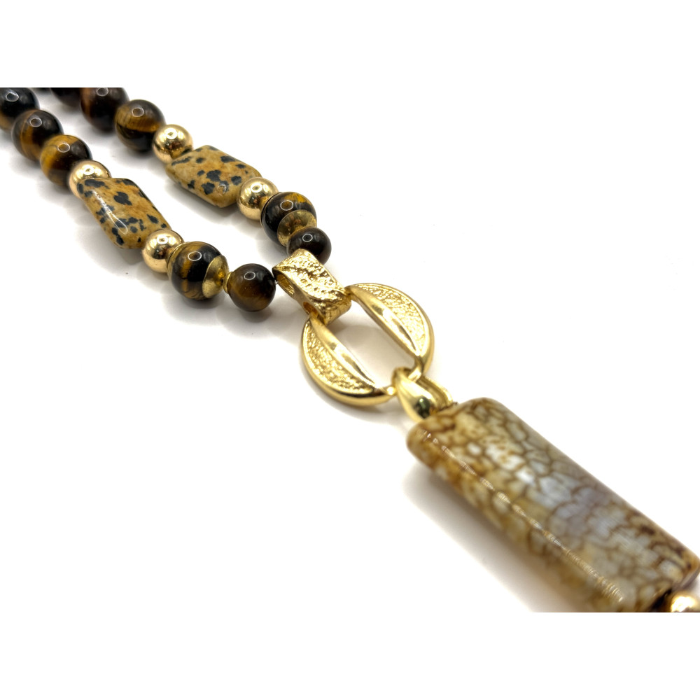 שרשרת מאבן טייגר איי (Tiger Eye) עם אביזרי מתכת בגוון זהב ותליון