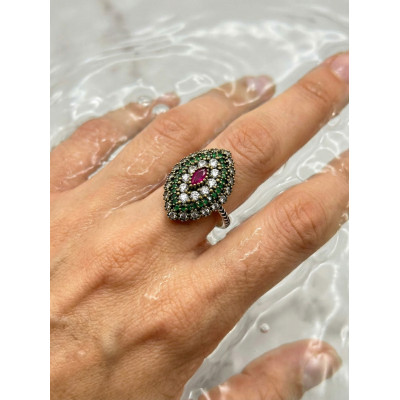 טבעת כסף 925 עם רובי ואגת ירוקה בסגנון עות'מאני | הורם סולטאן