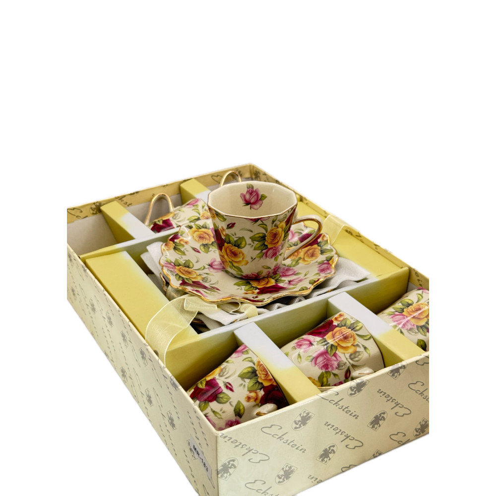 סט 6 כוסות ו־6 תחתיות Original Eckstein Design פורצלן דק (Fine Porcelain) | עיצוב אנגלי | עבודת יד