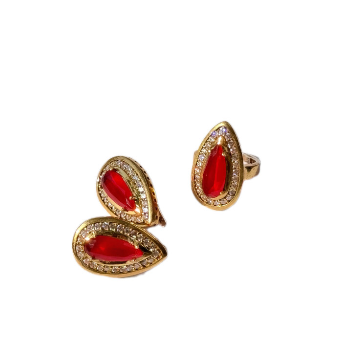 Ювелирный комплект серьги и кольцо с красными кристаллами — серебро 925 с золотым покрытием