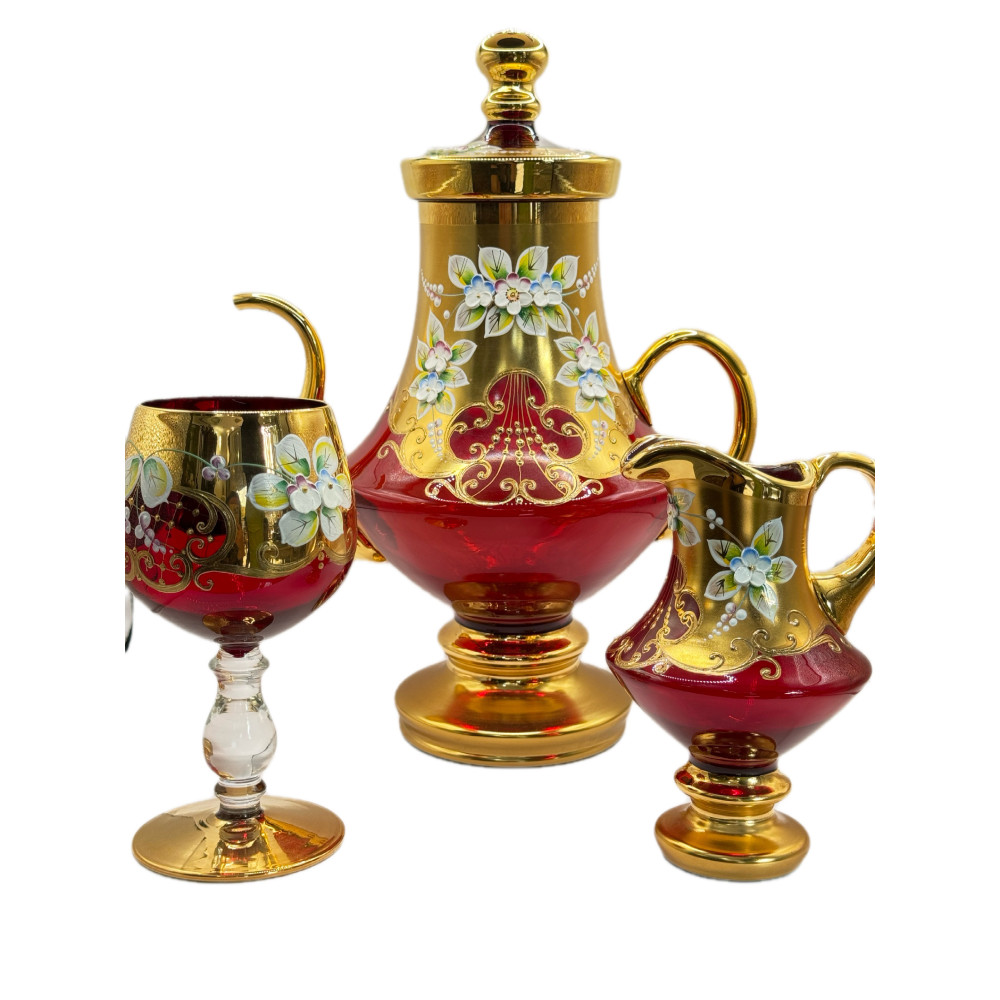 Винтажный набор из рубинового стекла Tre Fuochi с эмалью и позолотой — 7 предметов