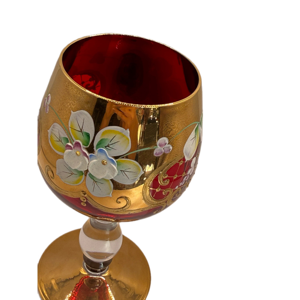 Винтажный набор из рубинового стекла Tre Fuochi с эмалью и позолотой — 7 предметов