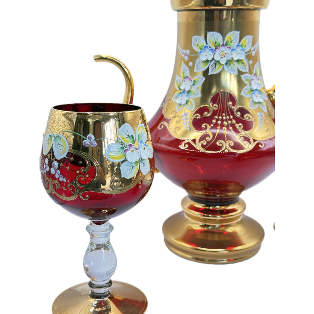 Винтажный набор из рубинового стекла Tre Fuochi с эмалью и позолотой — 7 предметов