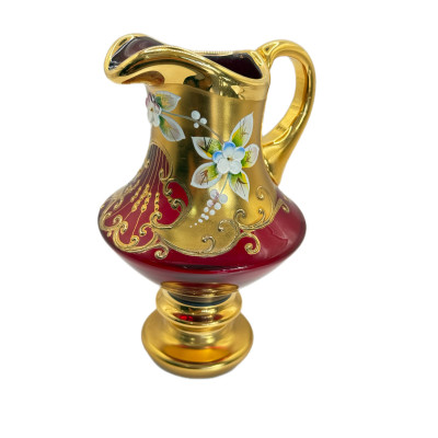 Винтажный набор из рубинового стекла Tre Fuochi с эмалью и позолотой — 7 предметов