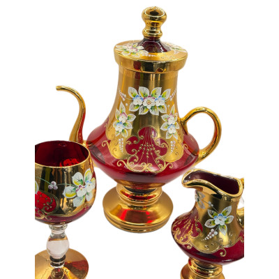 Винтажный набор из рубинового стекла Tre Fuochi с эмалью и позолотой — 7 предметов