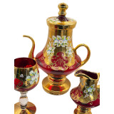 Винтажный набор из рубинового стекла Tre Fuochi с эмалью и позолотой — 7 предметов